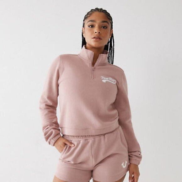 True Religion Size M Dusty Pink Half Zip Crop Sweatshirt NWT - Picture 1 of 8